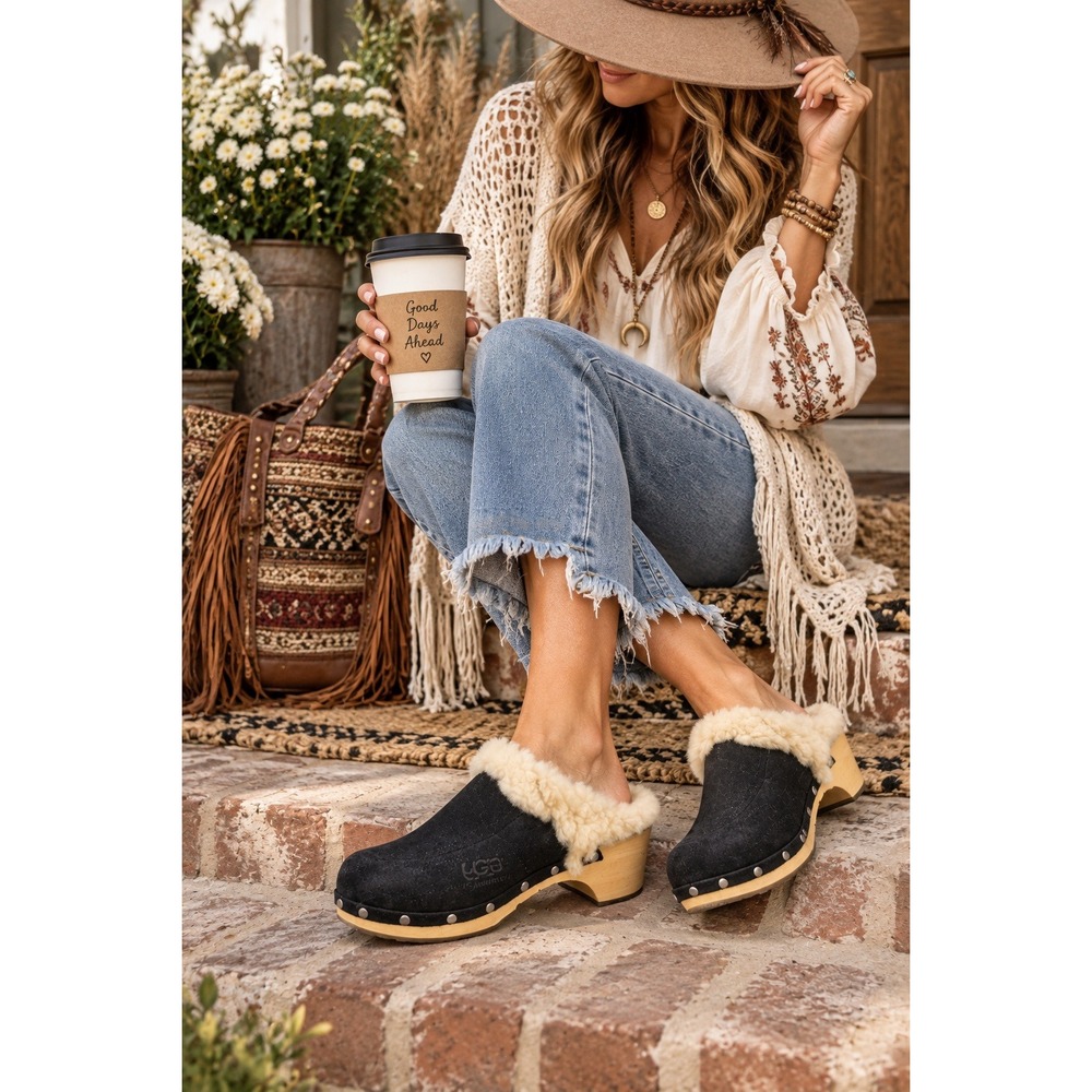 UGG Australia Abbie Black Suede Sheepskin Wooden Clog Mules 5426 Womens 9